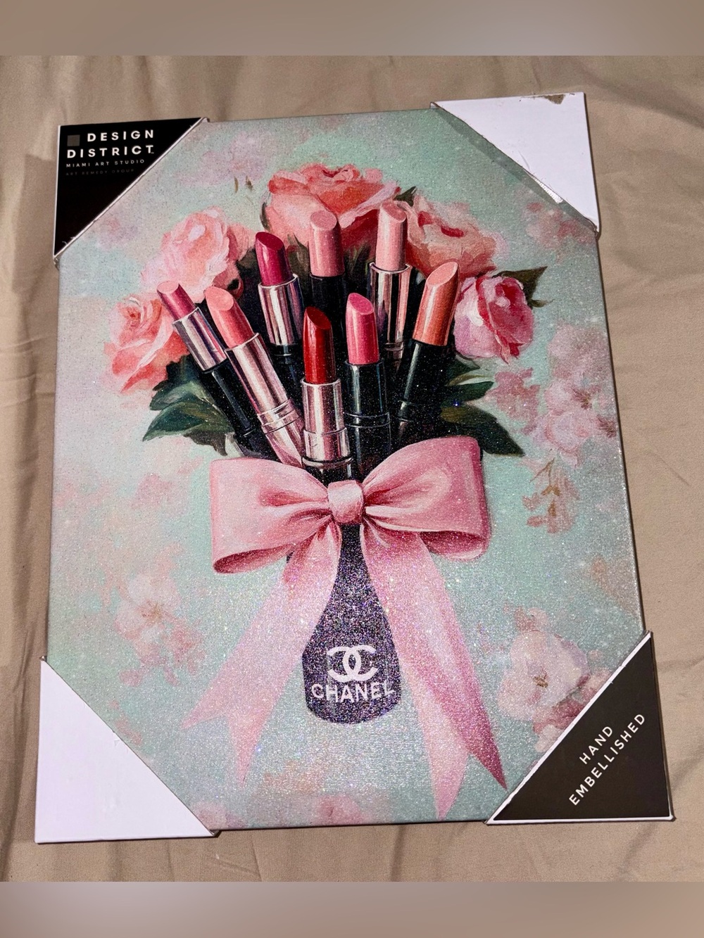 Design District 11x14 Hand Embellished Glam Lipstick Floral Canvas Wall Art NWT